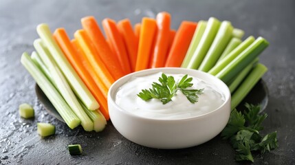 Yogurt dip served with fresh vegetable sticks, ready for a nutritious snack or appetizer.