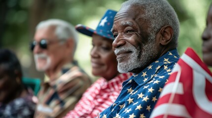 A group of senior African American veterans gather for a July 4th celebration, dressed in the American flag colors, reminiscing and honoring their service to the country.