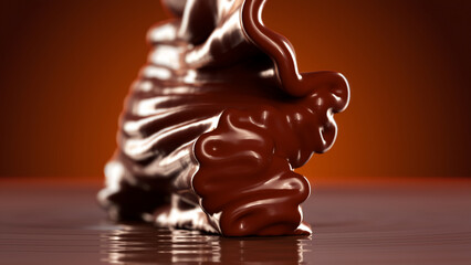 Extreme Closeup Chocolate Liquid Pouring on top. 3D render.  food and drinks idea concept.	
