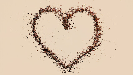 Closeup floating heart shape made of coffee beans isolate on beige color background. 3D render.