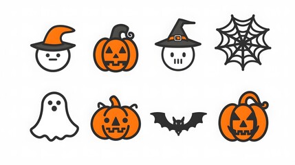 Minimalist Halloween icons feature a collection of stylish designs including a pumpkin, ghost, witch hat, bat, and spider, perfect for contemporary design projects