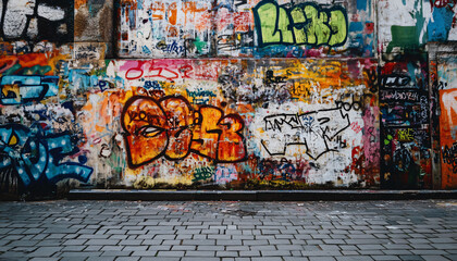 Obraz premium A graffiti-covered urban wall, showcasing vibrant colors, bold lines, and an edgy, artistic vibe