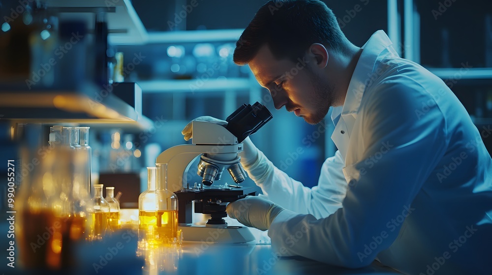 Poster a scientist examining a sample through a microscope in a laboratory