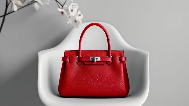 A vibrant red handbag showcased on a minimalist chair with elegant flowers in a stylish interior setting