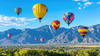 Brightly colored hot air balloons ascending with the Sandia Mountains in the background during the Albuquerque International Balloon Fiesta.