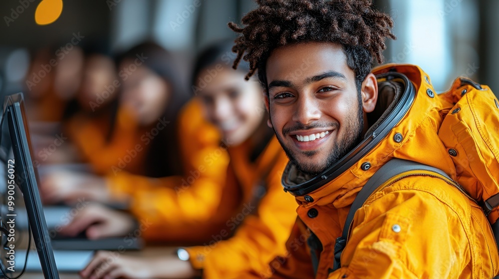 Poster smiling astronaut in yellow suit using computer