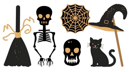 Flat vector Halloween icons showcasing a stylish skeleton, perfect for festive decorations, graphic designs, and seasonal themes that celebrate the fun and eerie spirit of Halloween