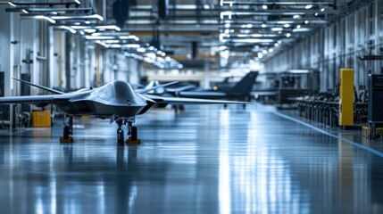 Defense manufacturing plant specializing in high-tech weaponry, from drones to guided missile systems, emphasizing innovation in defense technology.