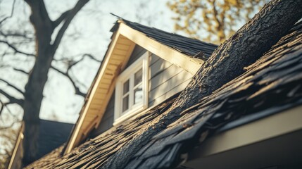 Close-up of a house with a damaged roof due to a fallen tree, illustrating the importance of home insurance