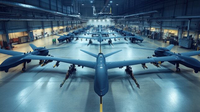 Defense manufacturing plant specializing in high-tech weaponry, from drones to guided missile systems, emphasizing innovation in defense technology.