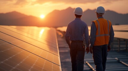 Fototapeta premium Engineers Overseeing Solar Panel Installation at Sunset for Sustainable Energy and Environmental Governance