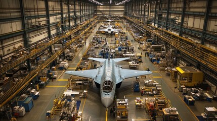 Fototapeta premium Defense systems engineering plant, where complex defense systems are developed and assembled, with engineers working on cutting-edge military technologies.