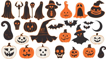 Fototapeta premium Halloween icon set featuring vibrant orange and black designs, perfect for seasonal decorations, party invitations, and festive designs that celebrate the spooky charm of Halloween