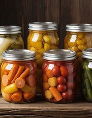 Jars of Preserved Vegetables on Wooden Table