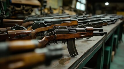 Small arms factory producing pistols, rifles, and submachine guns, with a focus on craftsmanship and precision in each firearm.