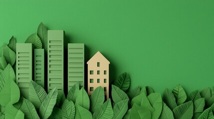 Sustainable ESG Concept with Paper Cutting Art of Buildings and Green Leaves for Environmental Awareness