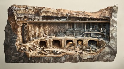 Hyper-realistic 2D cross-section of an ancient gold mine, with intricate underground tunnels and detailed rock layers