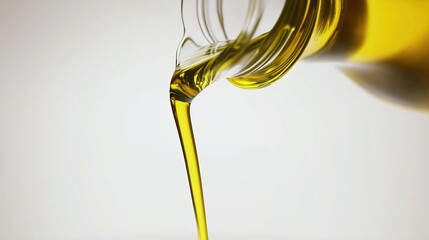 Olive oil being poured from a transparent glass on a white background