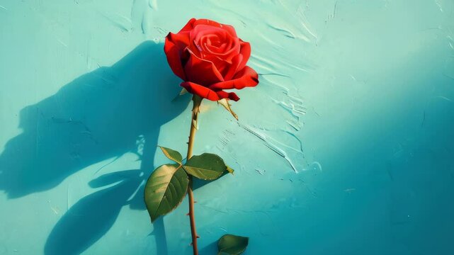 A vibrant red rose against a textured blue wall, capturing the beauty of nature in a simple setting
