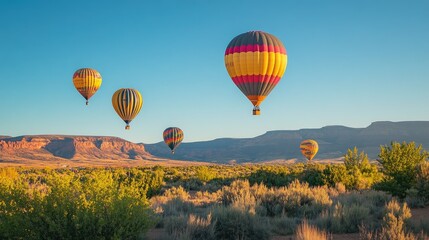 Obraz premium Colorful balloons soaring over the desert landscape with a clear blue sky at the Albuquerque International Balloon Fiesta.