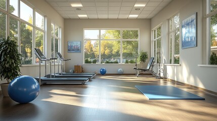 Bright fitness room with exercise equipment and yoga mats.