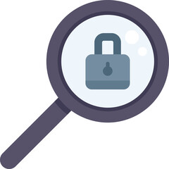 Magnifying glass is analyzing a security padlock icon, symbolizing the concept of cybersecurity