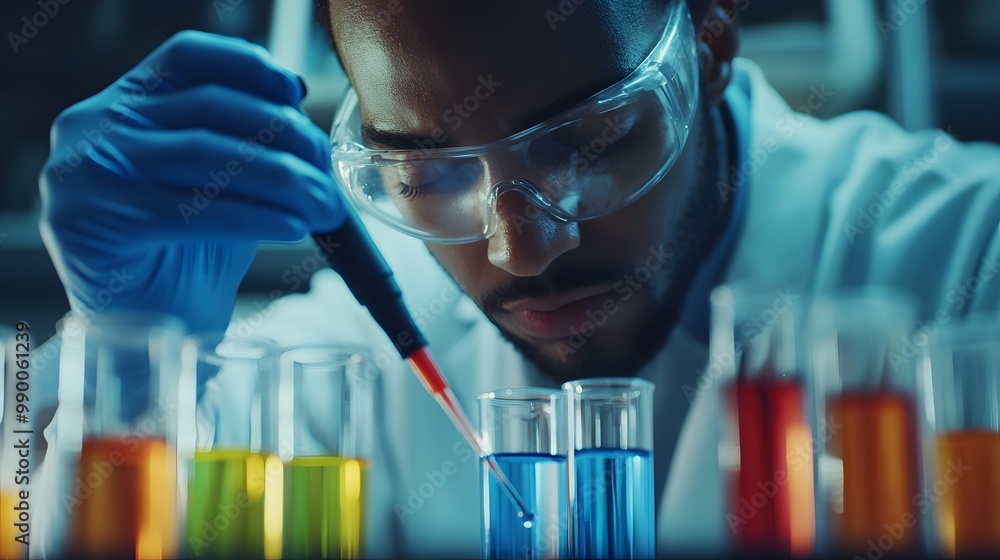 Poster a focused scientist in a lab using a pipette to add liquid to a test tube