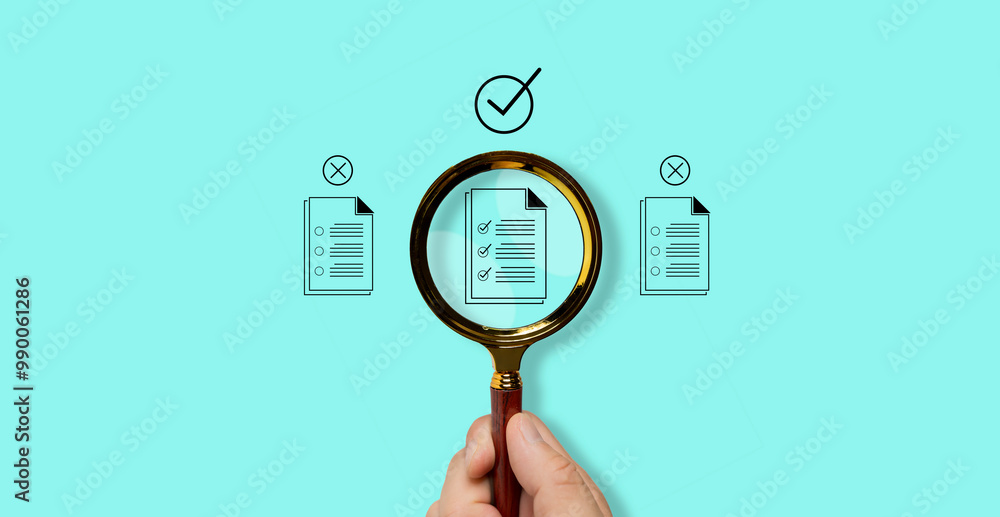Poster magnifying glass focus to approve document icon on blue background for business process workflow