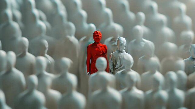 A striking contrast of individuality against a crowd of monochrome figures in a compelling artistic display