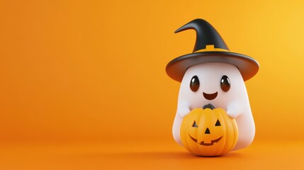 Cute Ghost in Witch Hat with Halloween Pumpkin