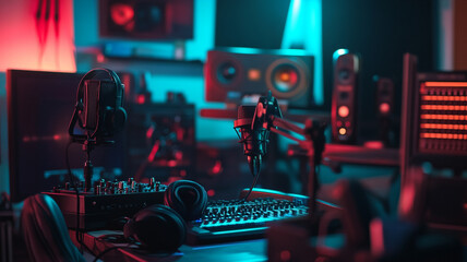 Fototapeta premium Modern music studio setup with mixing equipment and microphones in vibrant lighting