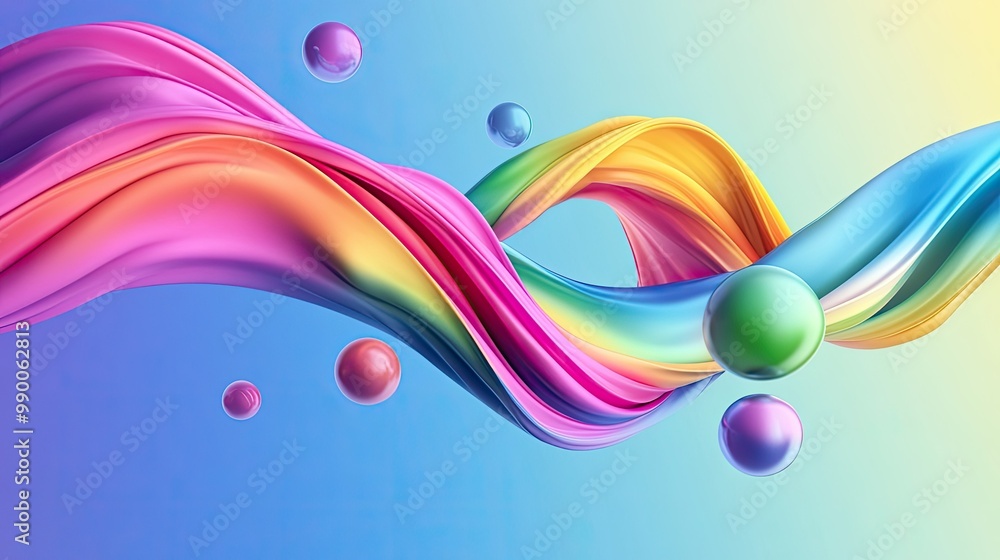 Poster curved ribbon in a dynamic swirl of rainbow colors, with floating spheres representing harmony and b