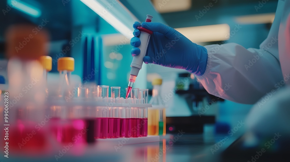 Poster scientist using pipette to transfer liquid into test tubes in lab
