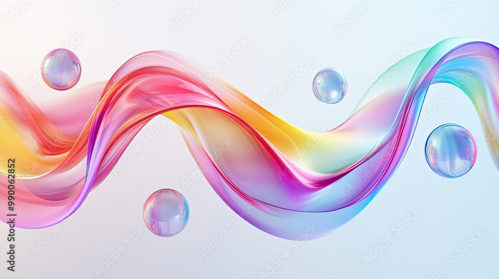 Aufkleber curved ribbon in a dynamic swirl of rainbow colors, with floating spheres representing harmony and b