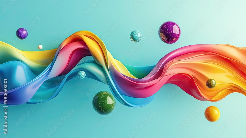 Poster curved ribbon in rainbow hues, accompanied by spheres, representing diversity and unity in a fluid, 