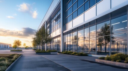Modern commercial building with glass facade and landscaped surroundings