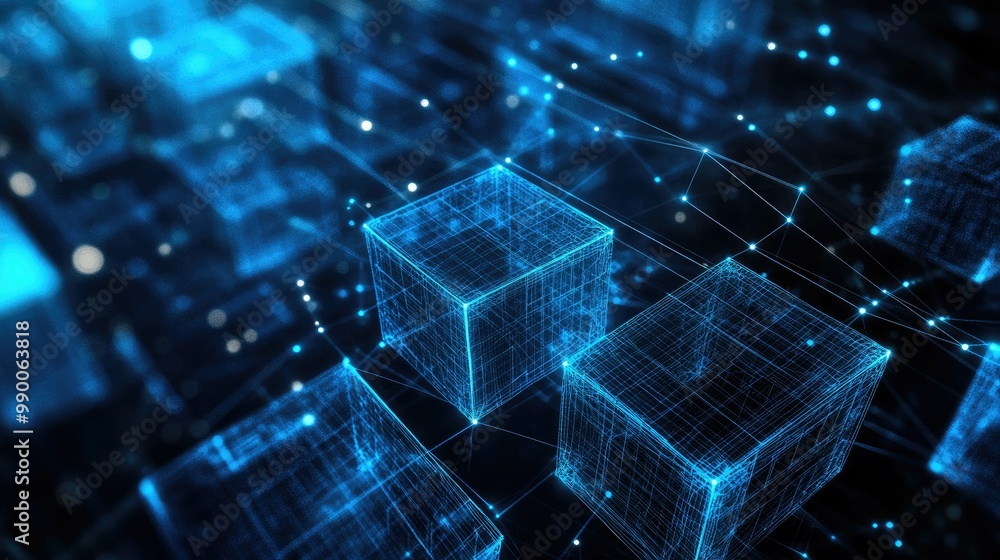 Poster digital network concept with blue wireframe squares and lines, symbolizing modern technology and dat