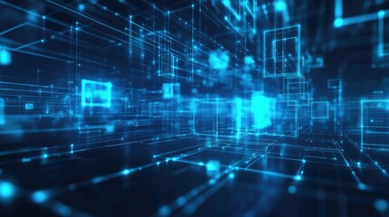 Obraz premium Digital network design with blue squares and plexus lines, representing advanced technology and connectivity.