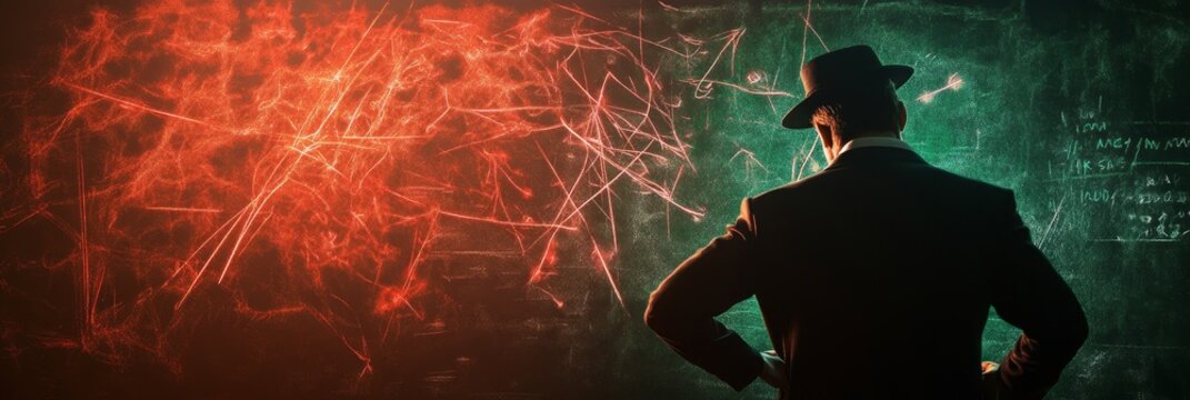 A lone detective stands before a chalkboard covered in cryptic symbols and lines, seeking to connect the dots and uncover the truth.