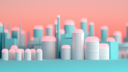 Futuristic Cityscape with Abstract Geometric Buildings in Pastel Colors at Sunset