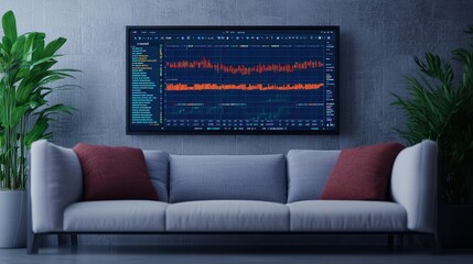 Modern Smart Home Living Room with Wall-Mounted Screen Displaying Data Analytics and Comfortable Seating