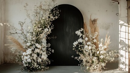 Naklejka na ściany i meble A minimalist black-and-white wedding backdrop with a sleek black arch adorned with white orchids and greenery, creating a bold and modern contrast