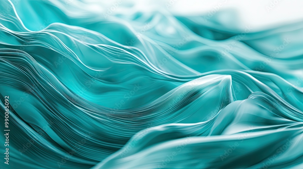 Poster dynamic 3d teal waves flowing across the background, creating an energetic and fluid abstract design