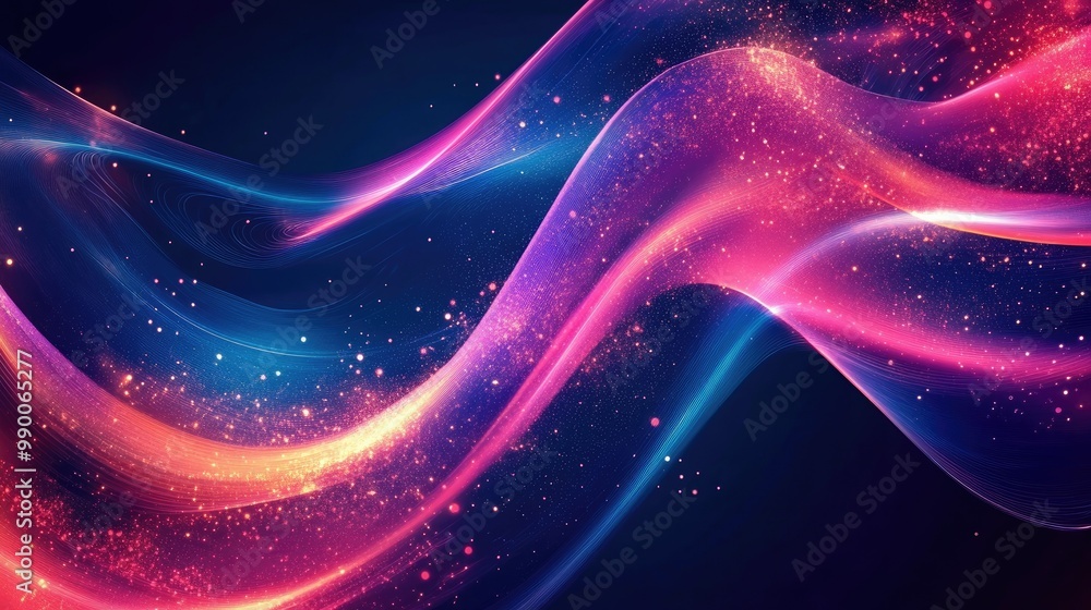 Poster dynamic neon wave patterns with glowing edges on a dark background, forming a fluid, abstract design