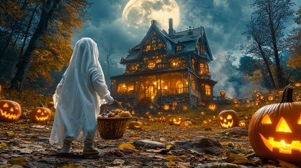 Fototapeta premium Kid in Ghost Costume Holding Candy Basket by Spooky Halloween House.