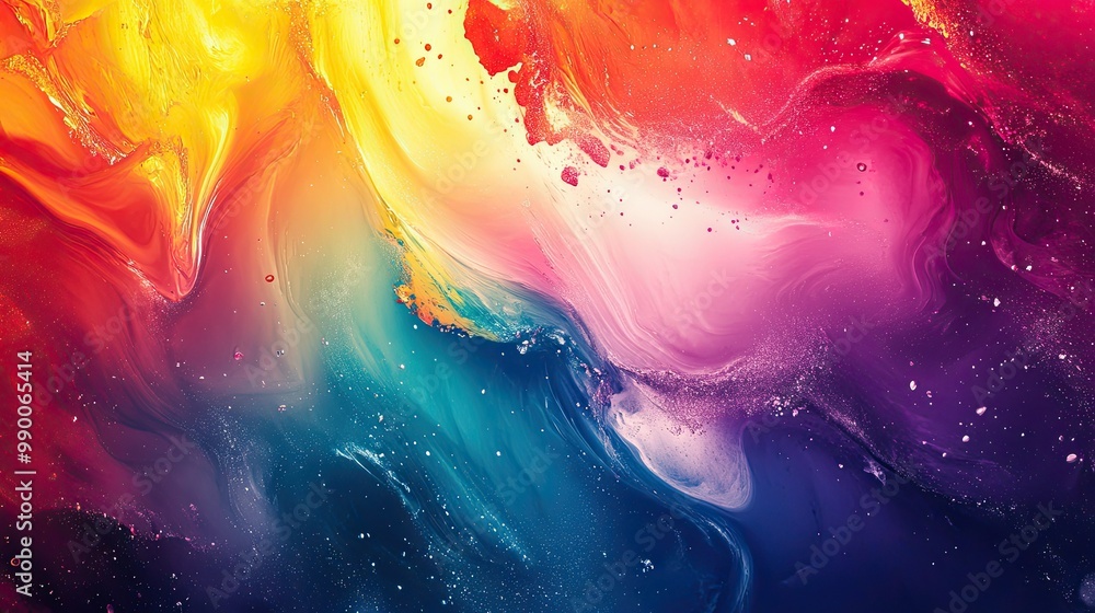 Poster dynamic rainbow abstract design with smooth texture and paint splatters, ideal for modern graphic co