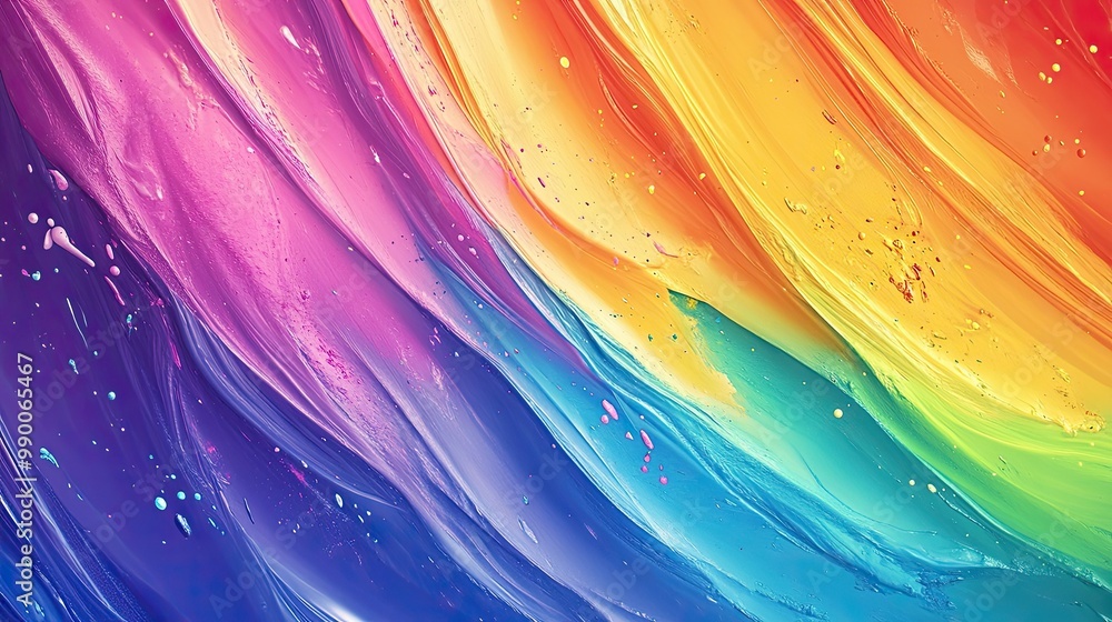 Poster dynamic rainbow abstract design with smooth texture and paint splatters, ideal for modern graphic co