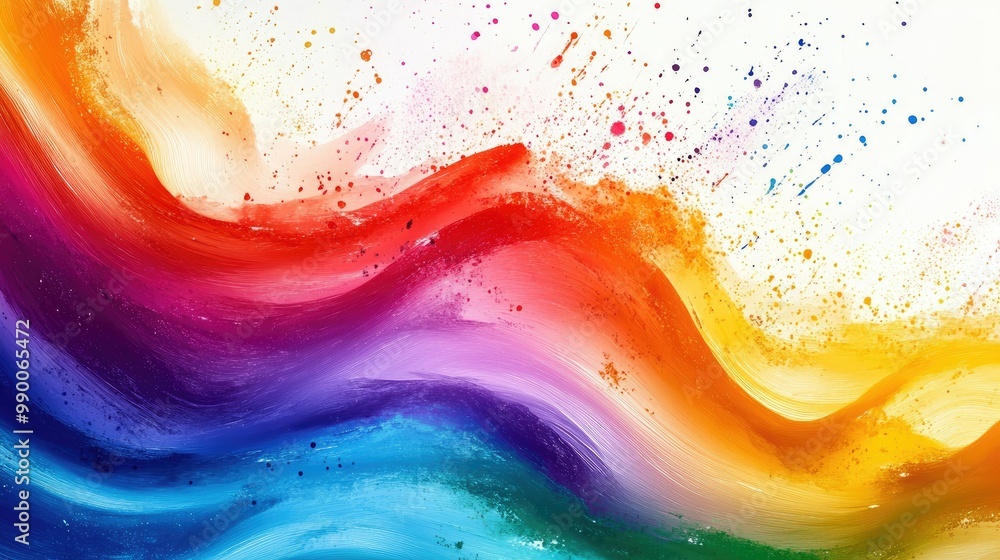 Poster dynamic rainbow abstract design with smooth texture and paint splatters, ideal for modern graphic co