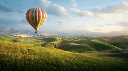 Fototapeta premium Colorful hot air balloon ascending over green hills at sunset