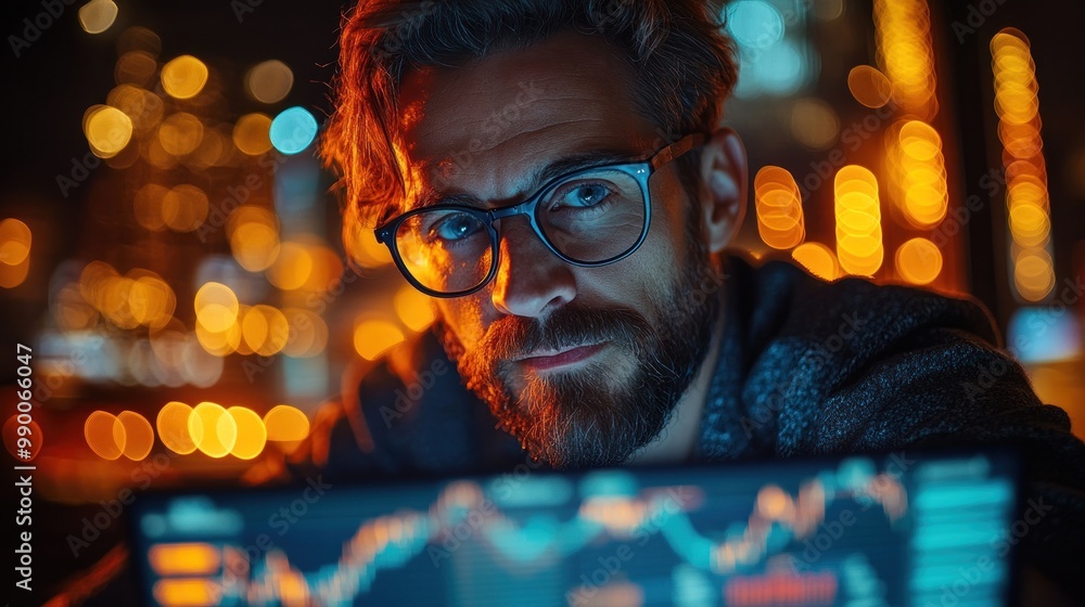 Poster man analyzing data on laptop screen